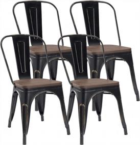 img 2 attached to JUMMICO Metal Dining Chair Stackable Industrial Vintage Kitchen Chairs Indoor-Outdoor Bistro Cafe Side Chairs With Back And Wooden Seat Set Of 4 (Gold Black)