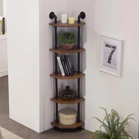 img 3 attached to Industrial Corner Bookcase With 5 Shelves, Wall Mount Pipe Bookshelf With Solid Wood And Metal Display Stand, Perfect For Corner Standing Display.