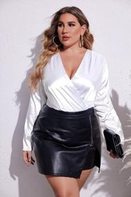 img 3 attached to Plus Size Satin Bodysuit For Women - Long Sleeve Wrap V-Neck Leotard Jumpsuit Top By IN'VOLAND