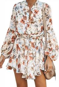 img 4 attached to 🌸 AlvaQ Women's Floral Print Swing Mini Dress with Ruffle Lantern Sleeves, Button Down and Tie Waist for Fall and Summer