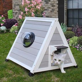 img 3 attached to Grey Wooden Triangle Outdoor Cat House with Raised Floor, 🏡 Clear Windows and Escape Door - Weatherproof Feral Cat Shelter and Habitat