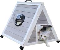 grey wooden triangle outdoor cat house with raised floor, 🏡 clear windows and escape door - weatherproof feral cat shelter and habitat logo