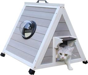 img 4 attached to Grey Wooden Triangle Outdoor Cat House with Raised Floor, 🏡 Clear Windows and Escape Door - Weatherproof Feral Cat Shelter and Habitat