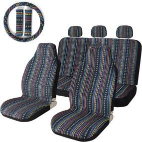 img 4 attached to 10pc Universal Bucket Seat Cover Set - Vibrant Stripe Colorful Baja Blue Saddle Blanket Weave with Front & Rear Seat Covers, and Steering Wheel Cover