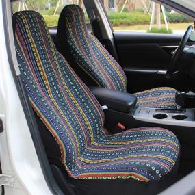 img 3 attached to 10pc Universal Bucket Seat Cover Set - Vibrant Stripe Colorful Baja Blue Saddle Blanket Weave with Front & Rear Seat Covers, and Steering Wheel Cover