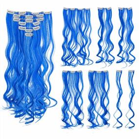 img 4 attached to Get The Perfect Party Look With SWACC 7 Pcs Full Head Clip-On Colored Hair Extensions - 20-Inch Curly Blue Hair Streak Synthetic Hairpieces