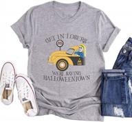 hilarious halloween shirt for women: lorsu 'get in losers, we're saving halloweentown' with skeleton skull car tee, grey, size m logo