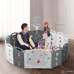 img 3 attached to 🏻 YOLEO Portable Baby Playpen with Basketball Hoop - Foldable Play Yards for Crawling Kids, Grey Theme, Large Activity Area (14 Panels)