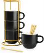 stackable coffee mug set: yhosseun porcelain demitasse cups with espresso spoons and rack - 11 oz capacity for coffee drinks, latte, macchiato, and cafe mocha, set of 4 in sleek black design logo