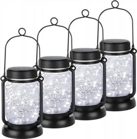 img 4 attached to Solar Hanging Mason Jar Lights With Stakes (4-Pack) - Outdoor Waterproof Decorative Solar Lantern Lamp, Vintage Glass Jar Starry Fairy Light With 30 LEDs For Patio Garden Tree Yard