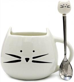 img 4 attached to 12 Oz Cat Face Mug And Spoon Set - White Kitty Coffee Cup Gift For Crazy Cat Lady