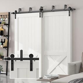 img 4 attached to 7FT Heavy Duty Double Track Bypass Sliding Barn Door Hardware Kit For Low Ceilings - Black (I-Shape) With Double Doors