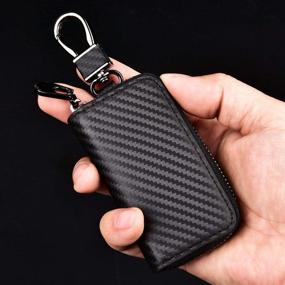 img 3 attached to Carbon Fiber Leather Car Key Chain Holder With Metal Hook And Zipper Bag - Ideal For Vehicle Keyless Entry, Remote Key Fobs, And Smart Car Keys - Perfect For Men'S Car Key Cases