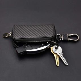 img 2 attached to Carbon Fiber Leather Car Key Chain Holder With Metal Hook And Zipper Bag - Ideal For Vehicle Keyless Entry, Remote Key Fobs, And Smart Car Keys - Perfect For Men'S Car Key Cases