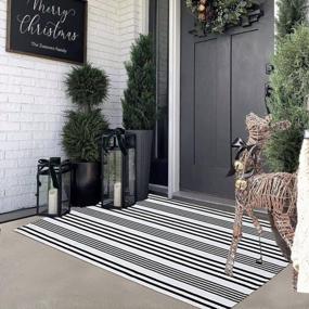 img 4 attached to KaHouen 27.5"X43" Black & White Striped Outdoor Rug - Hand Woven Cotton Washable Layered Doormat For Porch/Kitchen/Laundry Room/Farmhouse/Entryway