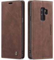 stylish and functional samsung galaxy s9+ plus wallet case cover - magnetic stand flip, retro leather purse design, with card slots - coffee logo