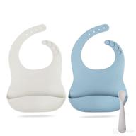 🍽️ himirt silicone baby bib & spoon set - soft adjustable waterproof bib for babies and toddlers (blue/off-white) - enhanced seo logo
