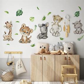 img 2 attached to Yovkky Watercolor Baby Safari Animals Wall Decals Stickers, African Jungle Elephant Zebra Giraffe Hippo Lion Leopard Cheetah Kids Room Nursery Decor, Neutral Palm Leaf Crib Decorations Bedroom Art - Enhance SEO