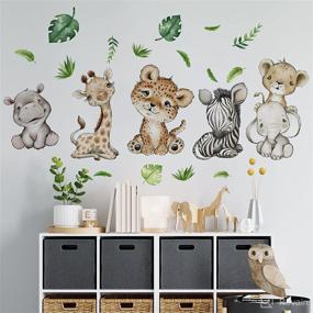 img 4 attached to Yovkky Watercolor Baby Safari Animals Wall Decals Stickers, African Jungle Elephant Zebra Giraffe Hippo Lion Leopard Cheetah Kids Room Nursery Decor, Neutral Palm Leaf Crib Decorations Bedroom Art - Enhance SEO