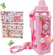 🥤 large kawaii water bottle with straw - sports plastic portable square drinking bottle, leakproof water jug with adorable sticker for girls - cute juice, tea, and water cups, 30 oz (pink, 900ml) logo