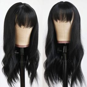 img 3 attached to Synthetic Wigs For Black Women - Oxeely Long Black Wavy Hair With Bangs - Daily Party Wig