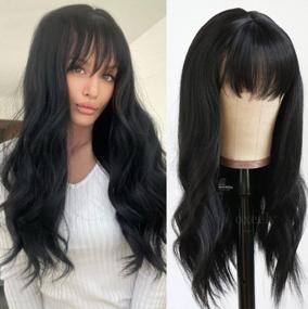 img 4 attached to Synthetic Wigs For Black Women - Oxeely Long Black Wavy Hair With Bangs - Daily Party Wig