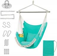 hammock swing chair, hanging chair with pocket, detachable steel support bar, 500lbs capacity, cotton weave hammock chair, 2 soft cushions indoor and outdoor green logo