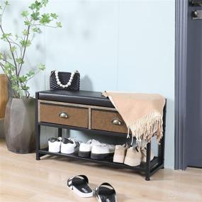 img 3 attached to 🪑 Black & Brown Entryway Bench with Leather Drawers and Shoe Storage, Padded Top Bench for Bedroom and Living Room, Steel Frame Hallway Bench with Mesh Shelf - X-cosrack