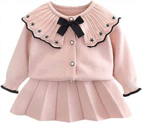 img 4 attached to OBEEII Осенне-зимний комплект для девочек-малышей из 2 предметов - вязаный свитер, топ, кардиган и мини-юбка, комплект с длинными рукавами