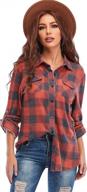 women's plaid flannel button down shirt - casual cuffed long sleeve boyfriend top logo