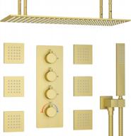 brushed gold thermostatic rainfall shower system with body jets, 16x32 inch large ceiling mounted rain head and 3-way individual control valve logo