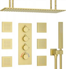 img 4 attached to Brushed Gold Thermostatic Rainfall Shower System With Body Jets, 16X32 Inch Large Ceiling Mounted Rain Head And 3-Way Individual Control Valve