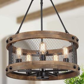 img 4 attached to Rustic Wooden Chandelier For Dining Room, 18’’ Round Farmhouse Lighting Fixture For Kitchen Island, Foyer, Entryway, 5-Light