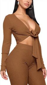 img 2 attached to Women'S 2 Piece Tracksuit Lace-Up Knitted Crop Top & Long Bodycon Pant Set Sweatsuit Clubwear Outfit
