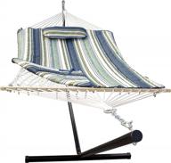 sunlax double hammock: 12ft steel stand, pad, pillow for indoor/outdoor use - blue and aqua stripes логотип