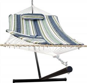 img 4 attached to SUNLAX Double Hammock: 12FT Steel Stand, Pad, Pillow For Indoor/Outdoor Use - Blue And Aqua Stripes