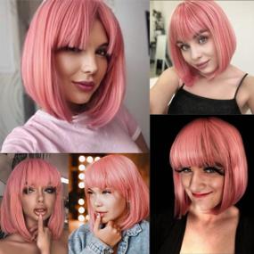 img 2 attached to Pink Bob Wig With Bangs: Vibrant & Stylish Synthetic Wig For Cosplay, Party & Daily Wear - 12 Inches