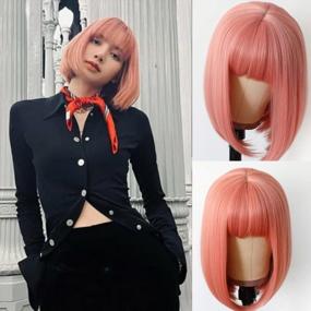 img 4 attached to Pink Bob Wig With Bangs: Vibrant & Stylish Synthetic Wig For Cosplay, Party & Daily Wear - 12 Inches