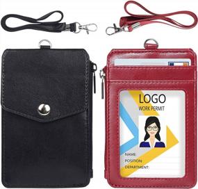 img 4 attached to 2 Pack Premium Leather ID Badge Holder With Zipper Pocket, 4 Card Slots And Lanyard - Black And Wine Red By Teskyer