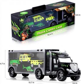 img 1 attached to Dinosaur Transporter Toy Truck Set With 6 Dinos, 3 Cars, And A Helicopter - Perfect Gift For Kids!