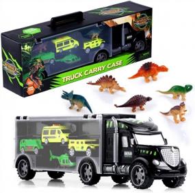 img 4 attached to Dinosaur Transporter Toy Truck Set With 6 Dinos, 3 Cars, And A Helicopter - Perfect Gift For Kids!