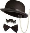 the detective’s sidekick halloween costume accessory kit - classic book novel character - includes iconic black derby bowler hat, bow tie, fake mustache, & monocle - party, roleplay, cosplay outfits logo