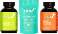 get fit and lean with hum's 3-piece muscle and stomach support supplement set featuring ripped rooster fat burner, core strength vegan protein powder and flatter me digestion support logo