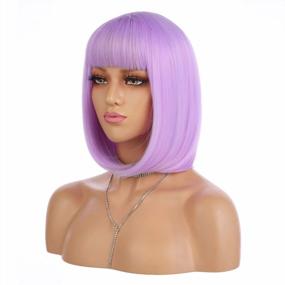 img 4 attached to ENilecor Short Bob Hair Wigs 12" Straight With Flat Bangs Synthetic Colorful Cosplay Daily Party Wig For Women Natural As Real Hair+ Free Wig Cap (Lavender Purple)