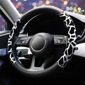 img 2 attached to Universal 15 Inch Microfiber Leather Auto Car Steering Wheel Cover for Women Men, Anti-Slip, Black and Silver - ZHOL Cow Print Steering Wheel Cover