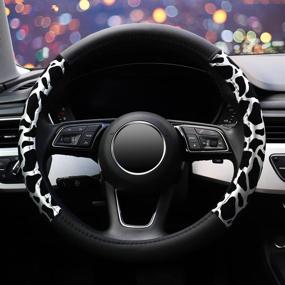 img 3 attached to Universal 15 Inch Microfiber Leather Auto Car Steering Wheel Cover for Women Men, Anti-Slip, Black and Silver - ZHOL Cow Print Steering Wheel Cover