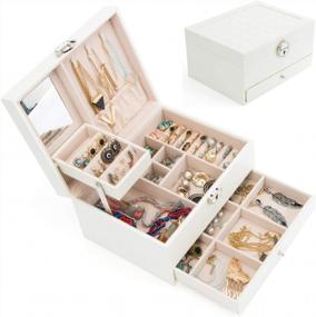 img 4 attached to Three-Layer Leather Jewelry Box Organizer With Lock, Mirror, And Cream White Display - Ideal For Jewelry Storage And Organizing