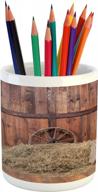 ambesonne barn wood wagon wheel pencil pen holder, rural old horse stable barn interior hay and wood planks image print, printed ceramic pencil pen holder for desk office accessory, brown dust logo