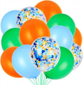 img 4 attached to 80 Pack Orange, Blue & Green Latex Balloons With Confetti For Dinosaur Baby Shower Birthday Party Decorations.