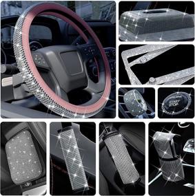 img 4 attached to ASLONG 11PCS Bling Car Accessories Set For Women Car License Plate Frame Cover Steering Wheel Cover Tissue Box Bling Shoulder Set Air Vent Clip Ring For Start Button（White Diamond）